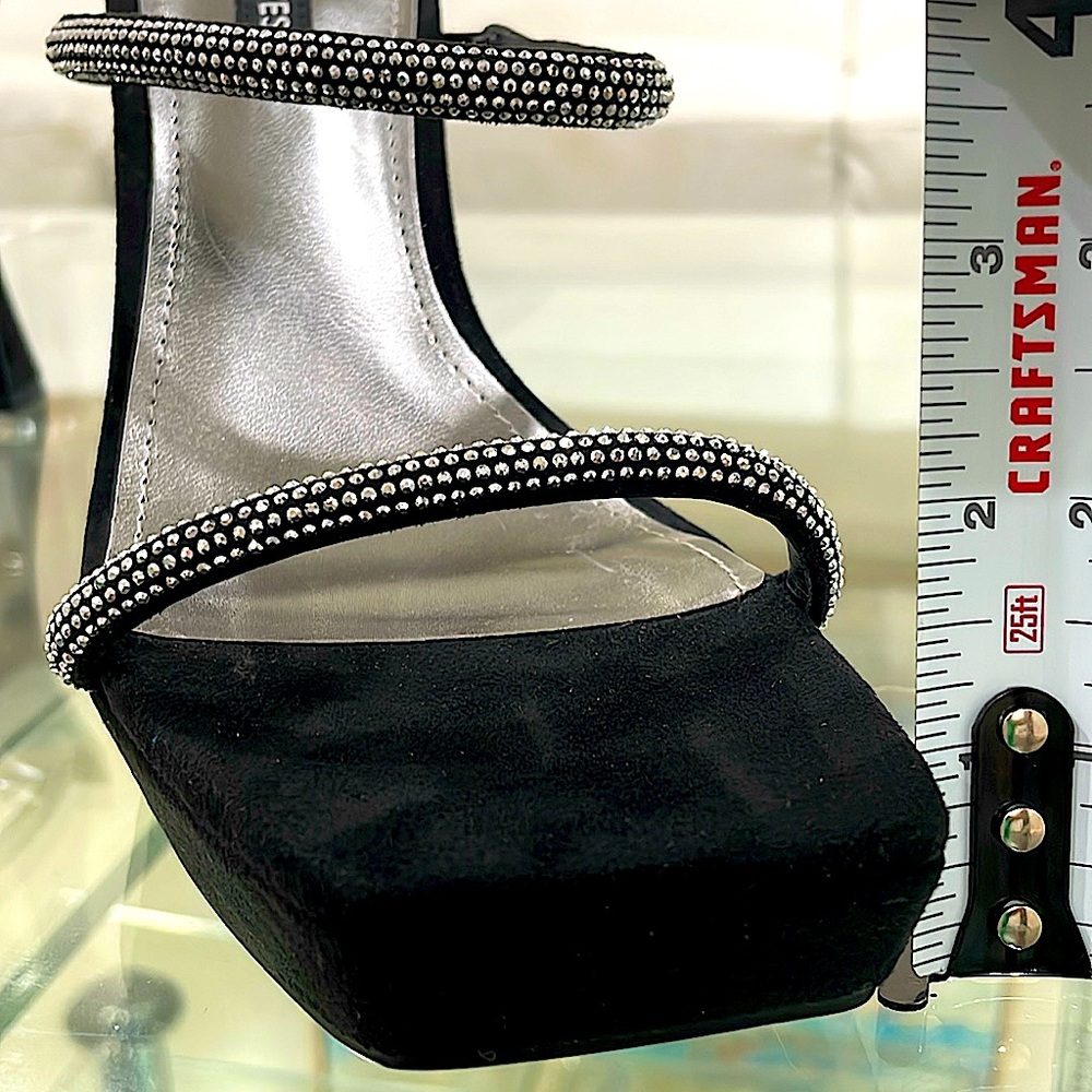 NIB NINE WEST rhinestone strap black platform open toe sandals cocktail heel 7 - Picture 10 of 14